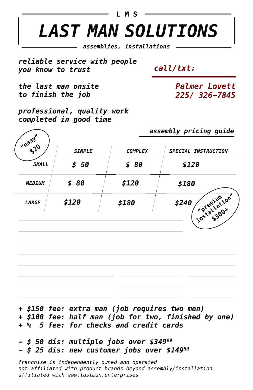 Last Man Solutions Pricing Guide assemble